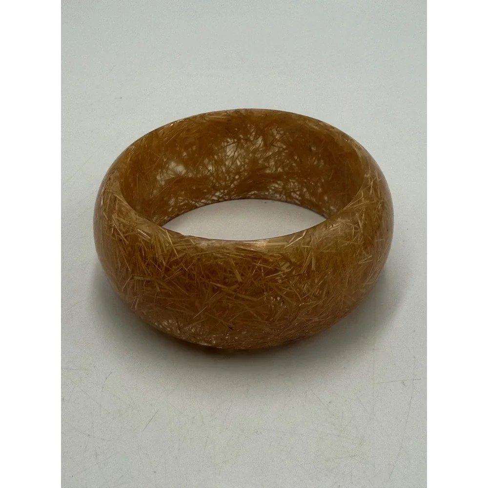 Vintage Golden Straw Fiber Resin Bangle Bracelet Chunky Amber Tone Dome Jewelry